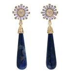 Natural Sodalite Tapered Baguette Tanzanite Pave Diamond Designer Long Drop Dangle Earrings in 18k Yellow Gold