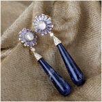 Natural Sodalite Tapered Baguette Tanzanite Pave Diamond Designer Long Drop Dangle Earrings in 18k Yellow Gold