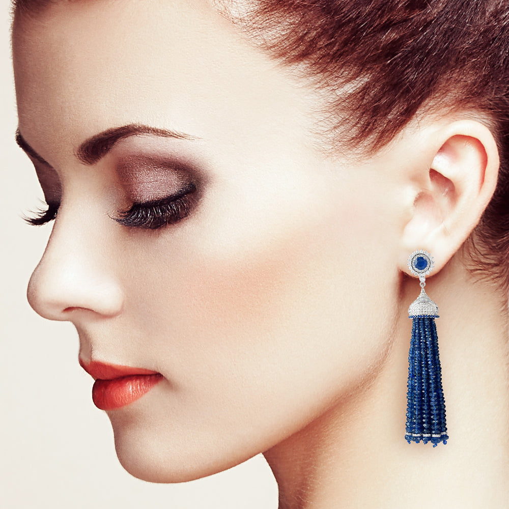 Sapphire Faceted Beads Tassel Earrings Diamond Jewelry In 18k Gold