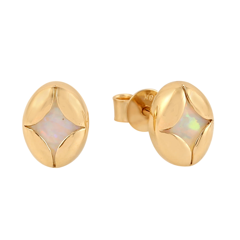 18k Yellow Gold Natural Opal Stud Earrings Beautiful Women Jewelry