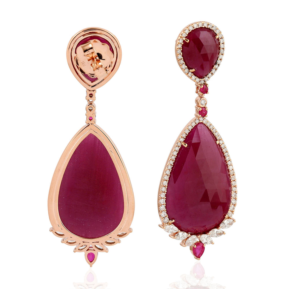 Pear Shape Natural Ruby Dangle Earrings Solid 18k Rose Gold Diamond Jewelry Gift