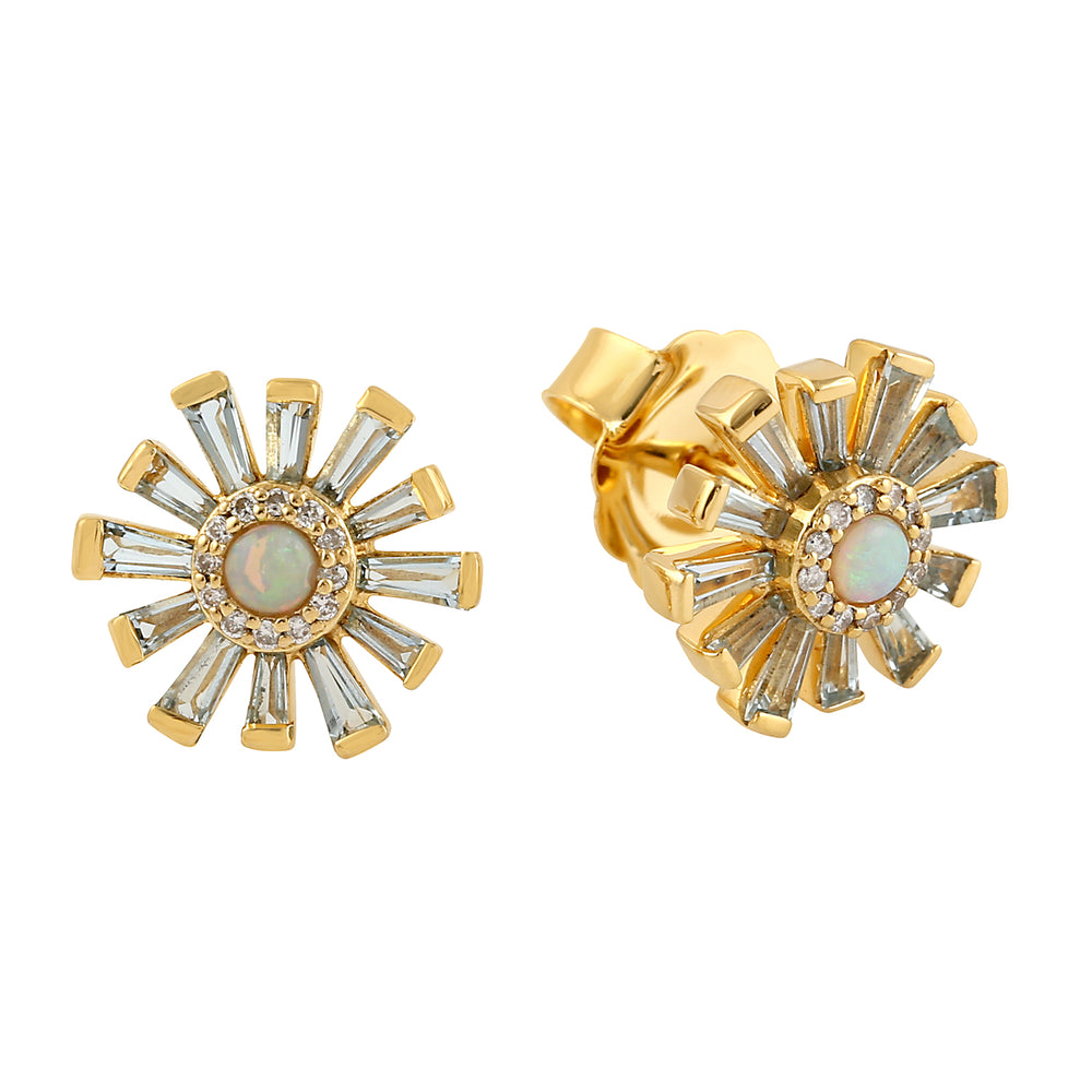 Multiple Baguette Gemstone Floral Design Stud Earrings In 18k Yellow Gold