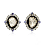 18K Solid White Gold Rose Cut Diamond Tanzanite Stud Earrings For Womens Gift