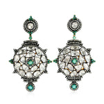 Uncut Rose Cut Diamond Pave Emerald Dangle Earrings 18K Gold 925 Sterling Silver Gift