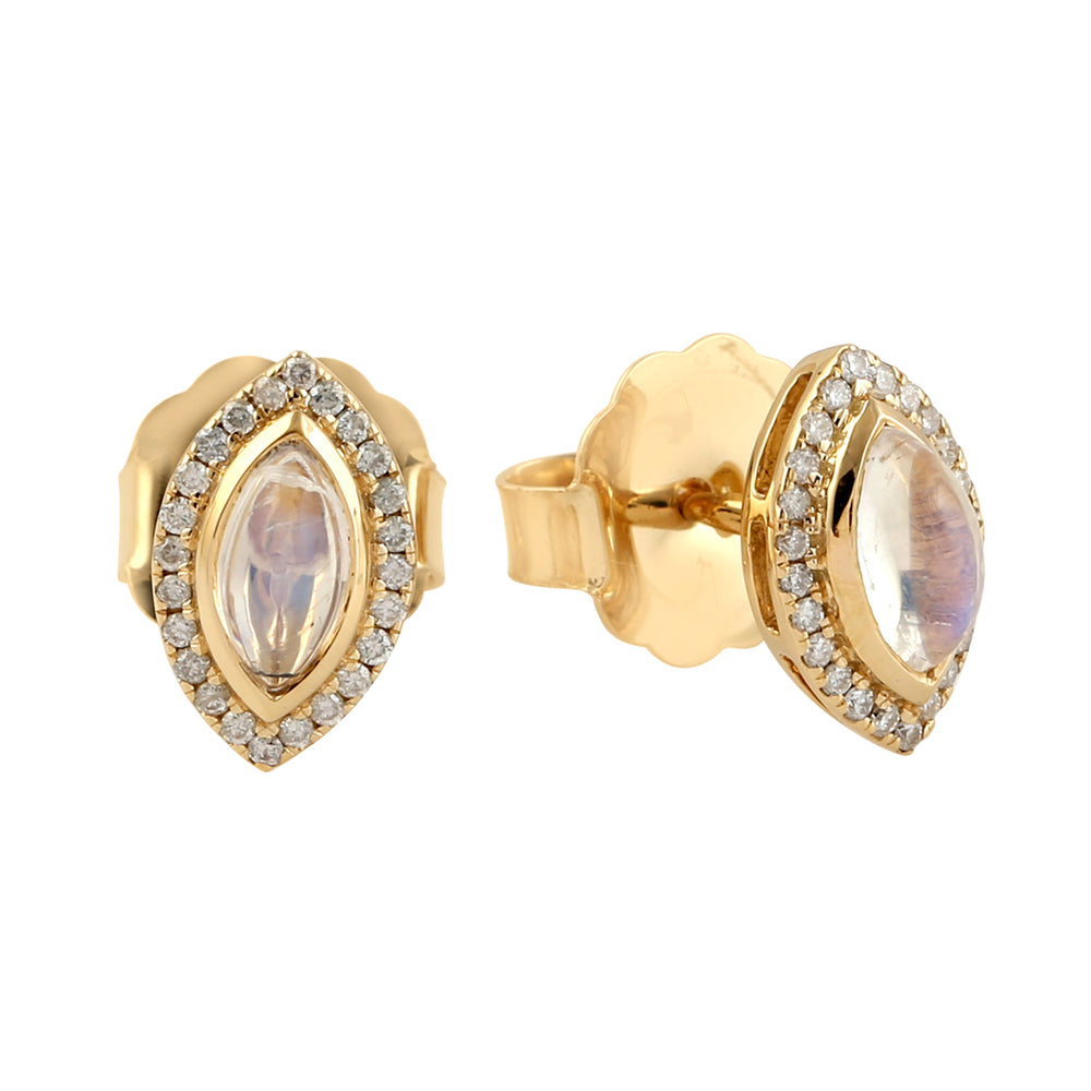 Marquise Shape Moonstone Pave Diamond Stud Earrings In 18k Yellow Gold Jewelry