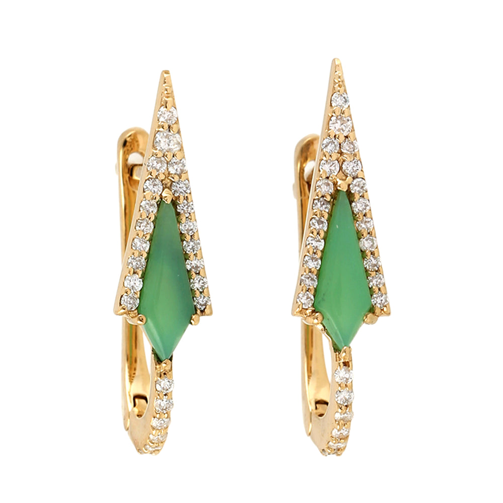 Pave Diamond & Chrysoprase Gemstone Latch Back Earring Jewelry In 18k Yellow Gold