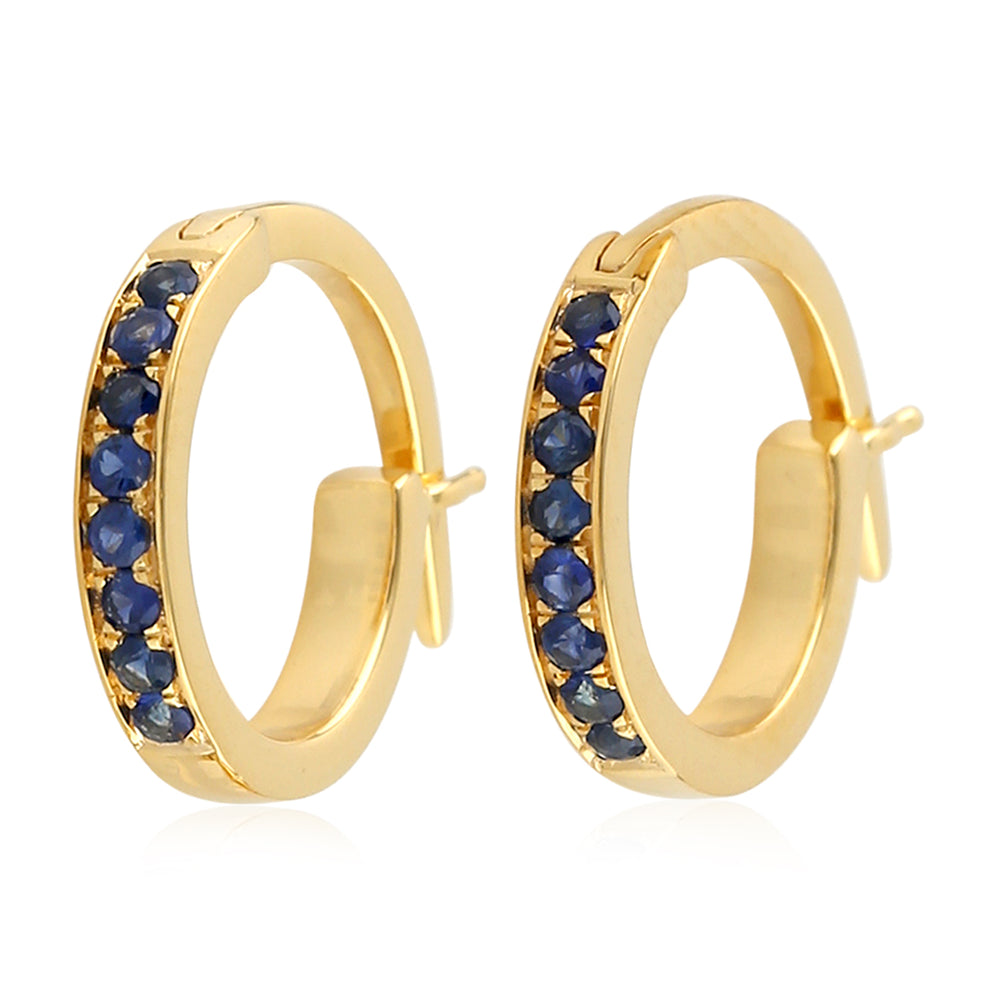 Natural Blue Sapphire Huggie Earrings 18K Yellow Gold Jewelry Gift