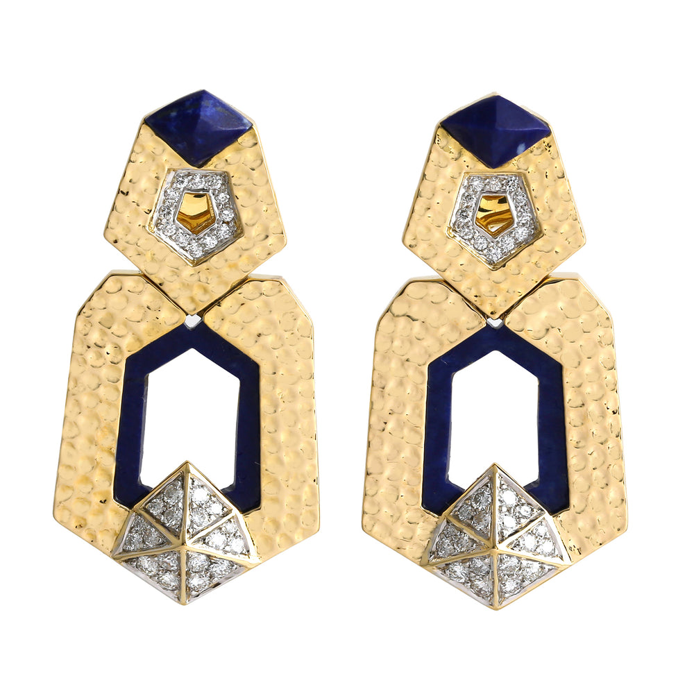 Hammered 18k Yellow Gold Natural Lapis & Diamond Designer Danglers Earrings For Her