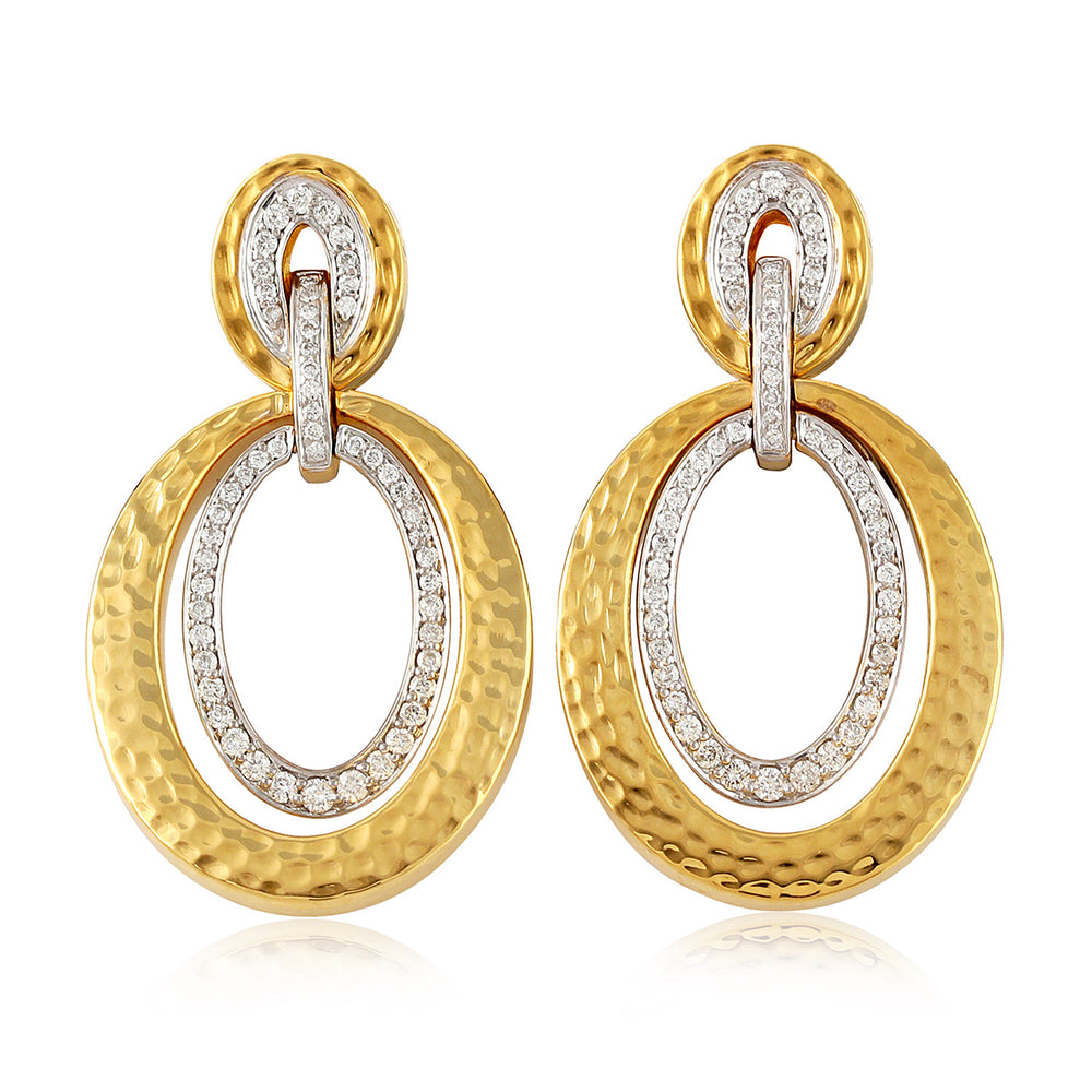 Hammered 18Kt Yellow Gold Pave Diamond Dangle Earrings Victorian Gift