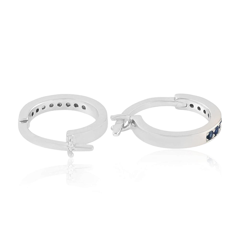 Blue Sapphire Gemstone Huggie Earrings 18K White Gold Earrings Jewelry