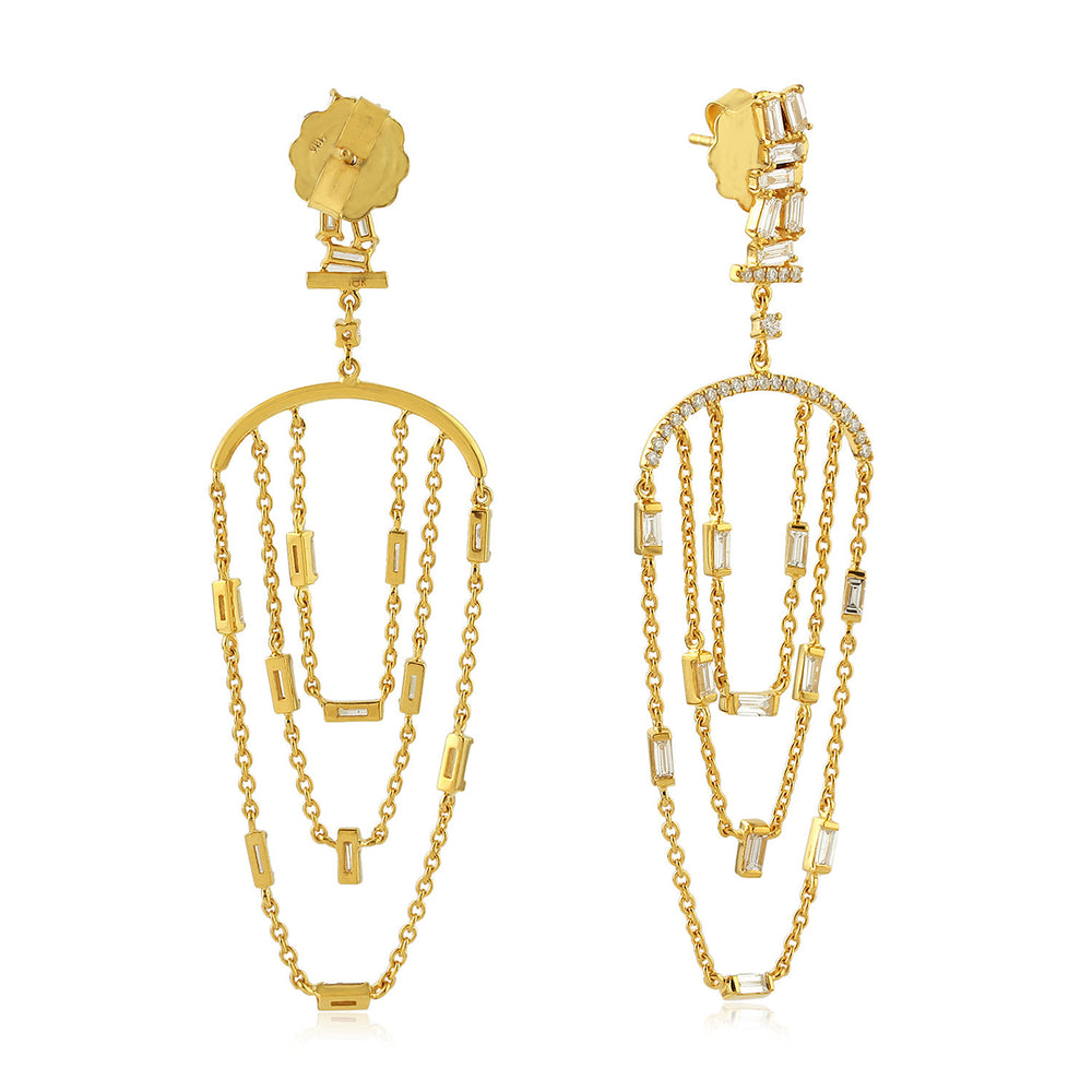 Baguette Diamond Chain Drop Dangle Earrings Yellow Gold Handmade Jewelry