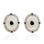 Birthstone June Natural Pearl Pave Diamond Blue Sapphire Stud Earrings 18k White Gold Jewelry Gift