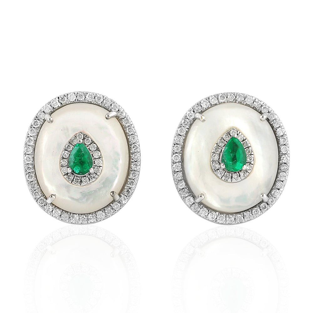 18k White Gold Stud Earrings Real Diamond Emerald Birthstone June Pearl Stud Earrings