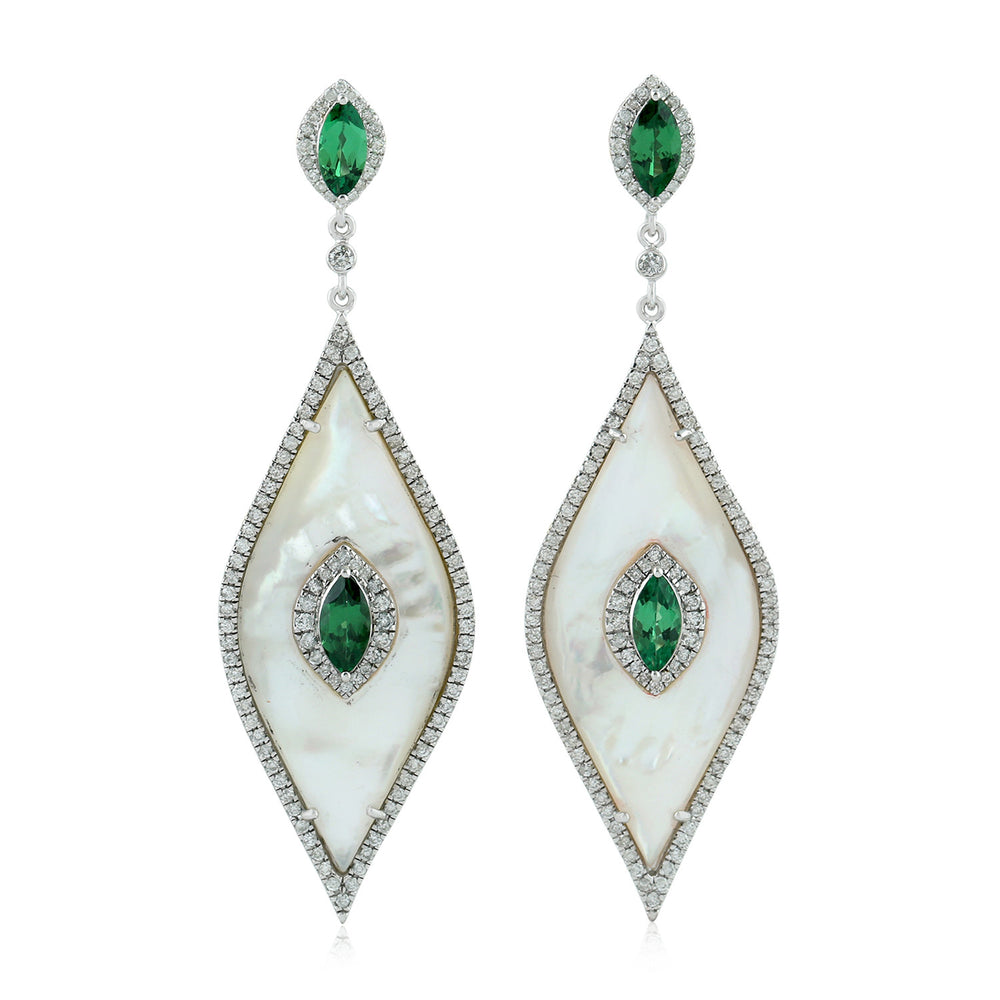 Designer 18k White Gold Natural Diamond Tsavorite Pearl Marquise Earrings