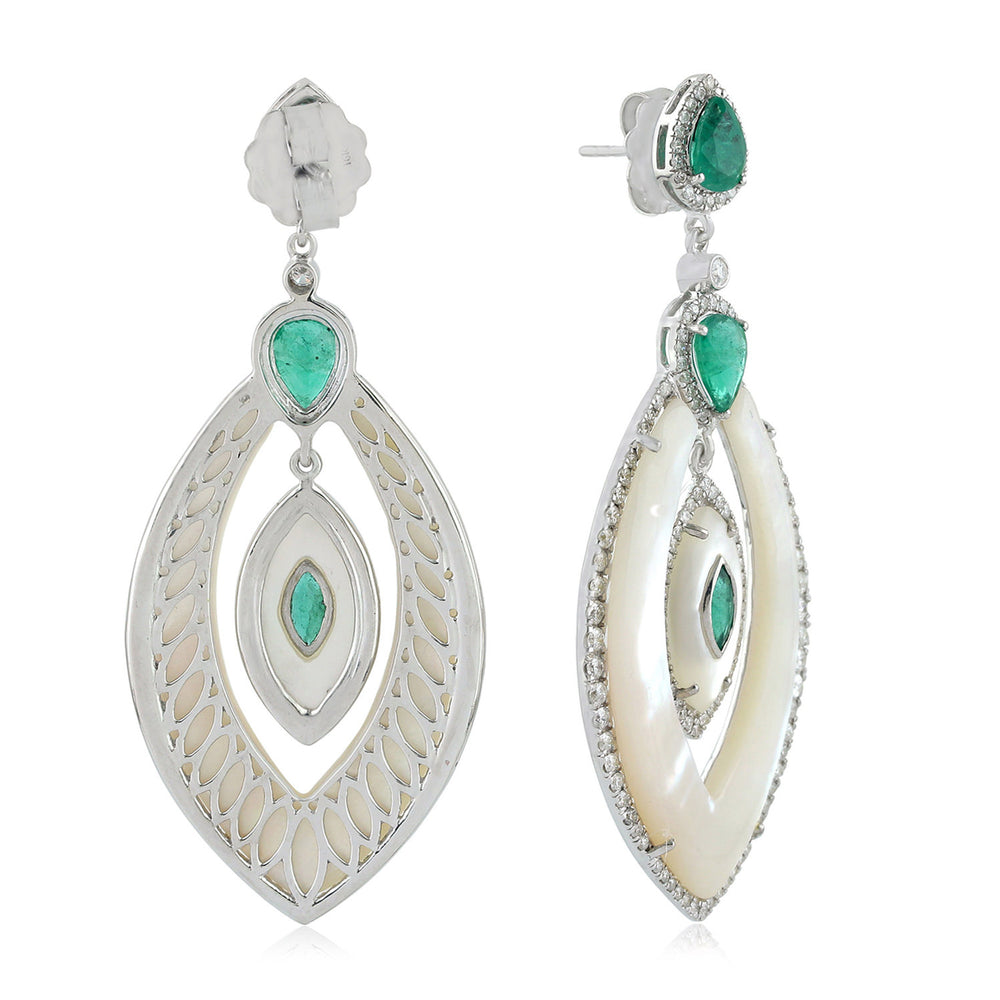 Natural Emerald Dangle Earrings 18k White Gold Jewelry