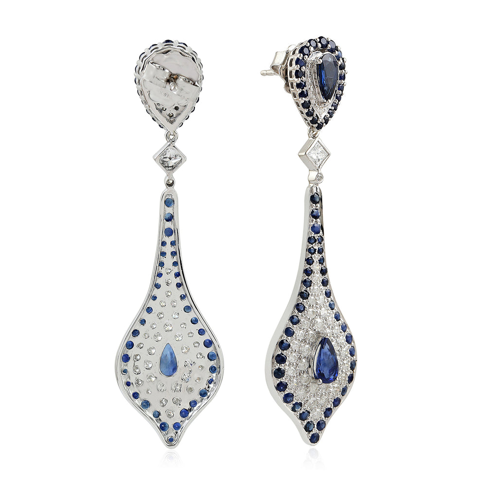 Natural Sapphire Diamond Dangle Earrings 18K White Gold Jewelry Gift