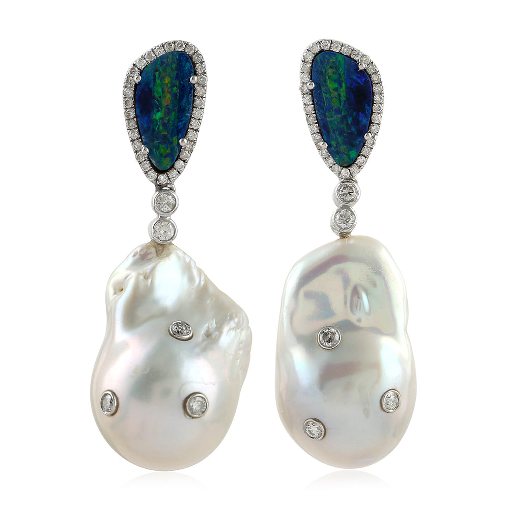 Opal Doublet Pearl Chinese Diamond Beautiful Dangle In 28k Gold