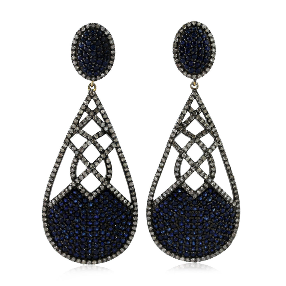 Blue Sapphire Beads Pave Diamond Sterling Silver Dangle Earrings 14K Gold Gift