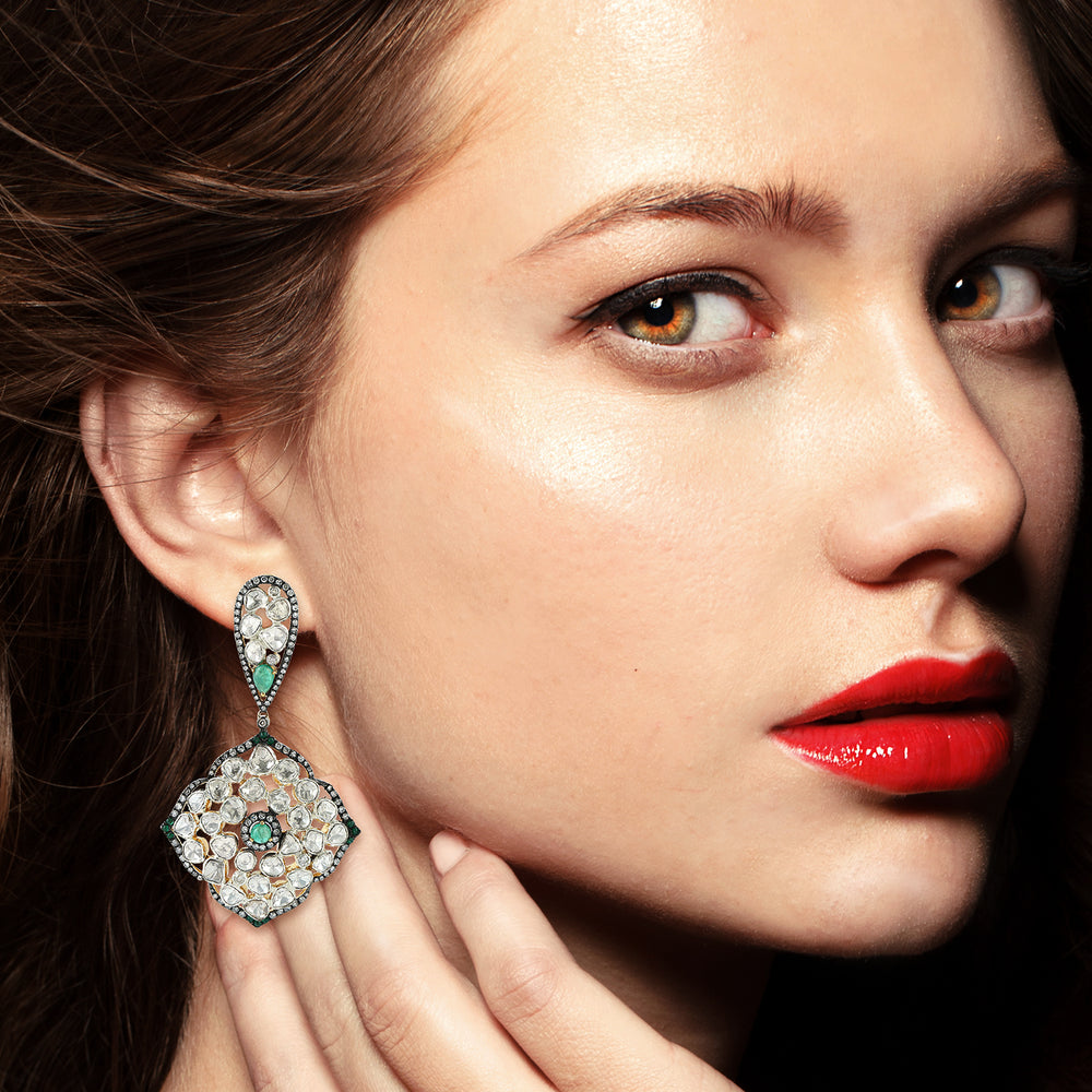 Rose Cut Polki Diamond Emerald Victorian Gold Sterling Silver Earrings Gift