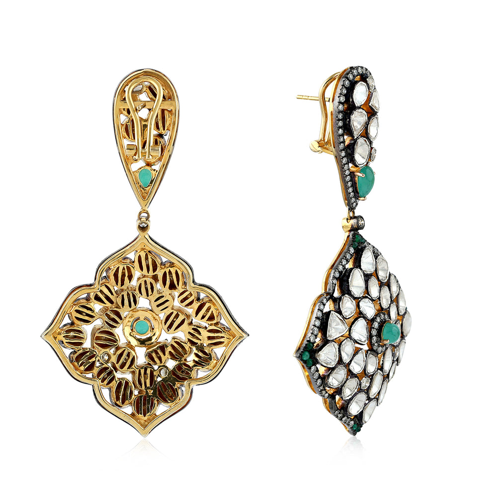 Rose Cut Polki Diamond Emerald Victorian Gold Sterling Silver Earrings Gift