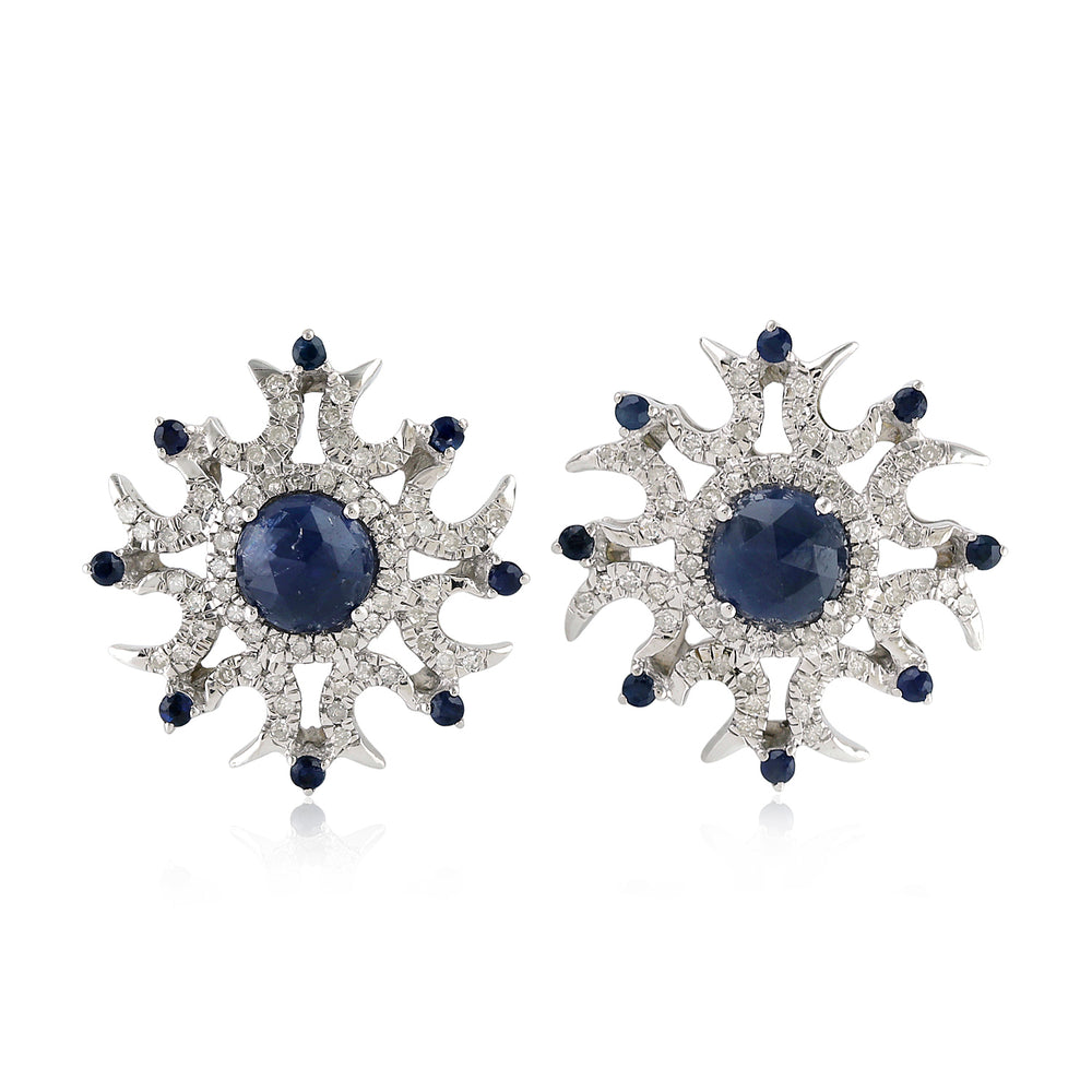 14k White Gold Diamond Sapphire Floral Stud Earrings September Birthstone Jewelry