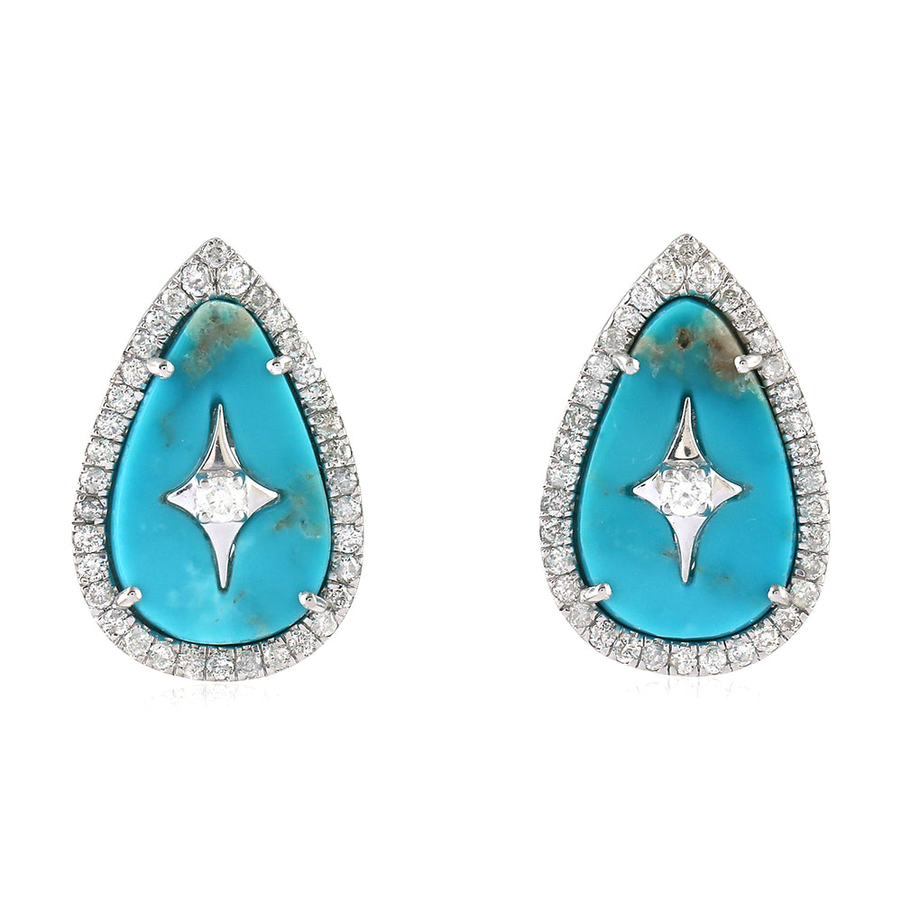 Natural Turquoise Pear Shape Stud Earrings 18K White Gold Diamond Jewelry