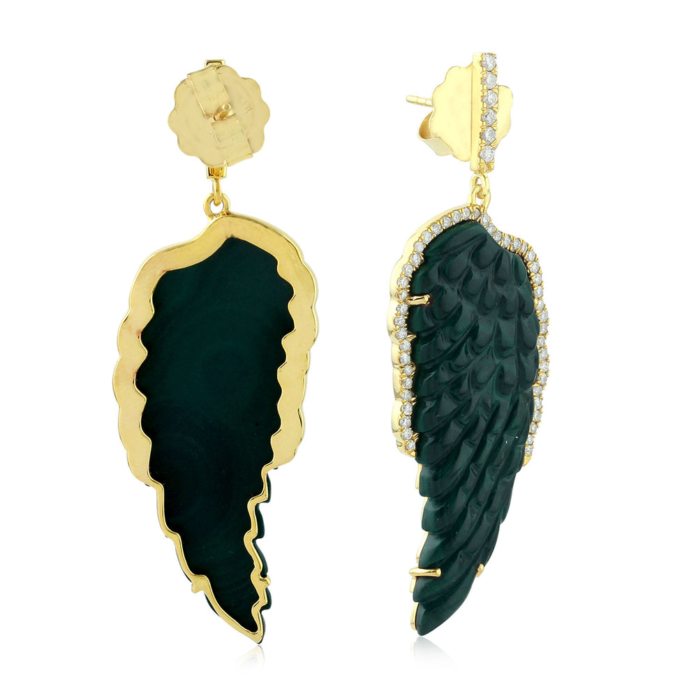 18K Yellow Gold Diamond Handcarved Malachite Angel Wings Dangle Earrings Jewelry
