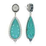 Natural Sapphire Handcarved Turquoise Drop Dangle Earrings 18K White Gold Jewelry