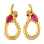 Pear Cut Ruby hammered 18k Yellow Gold Serpent Stud Earrings