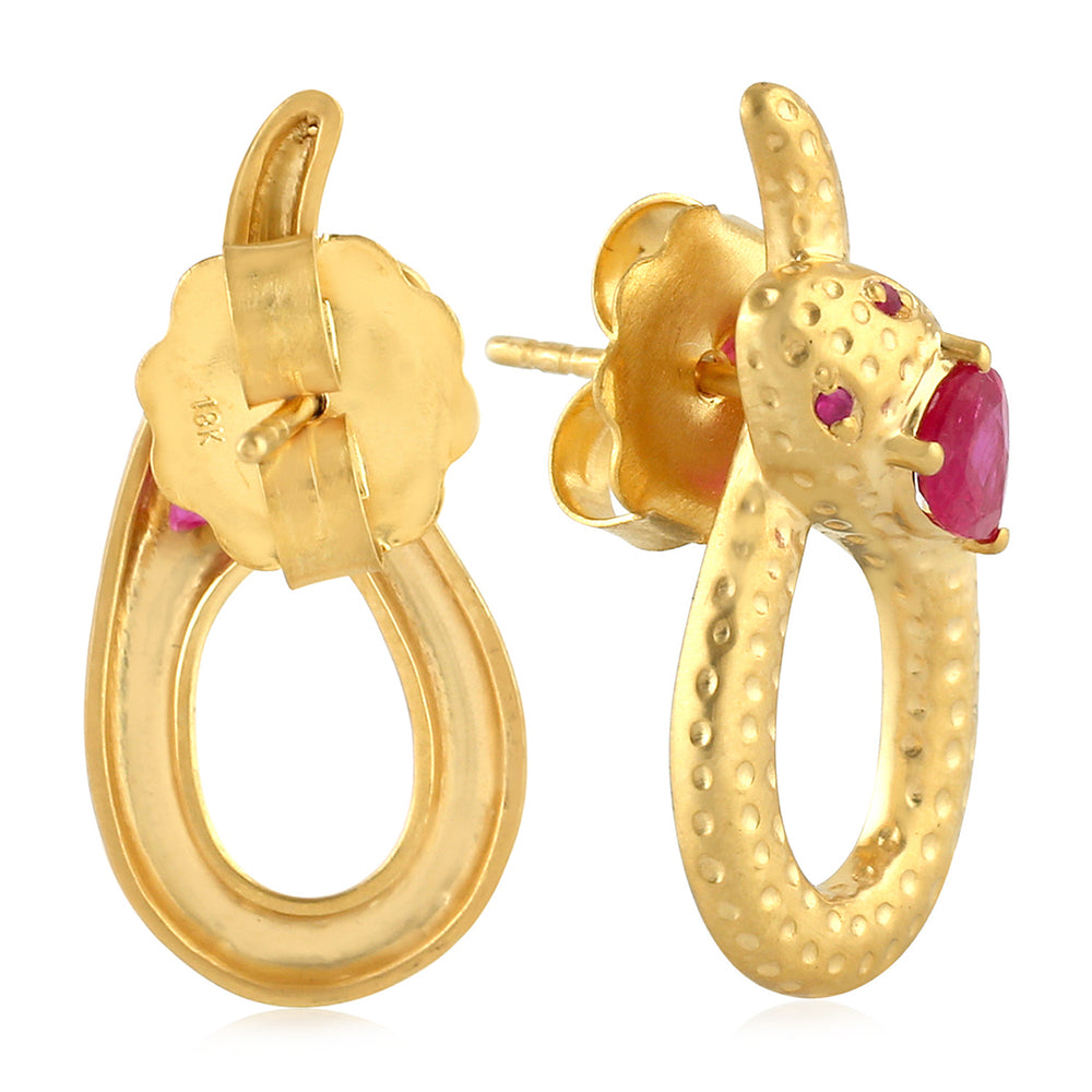 Pear Cut Ruby hammered 18k Yellow Gold Serpent Stud Earrings