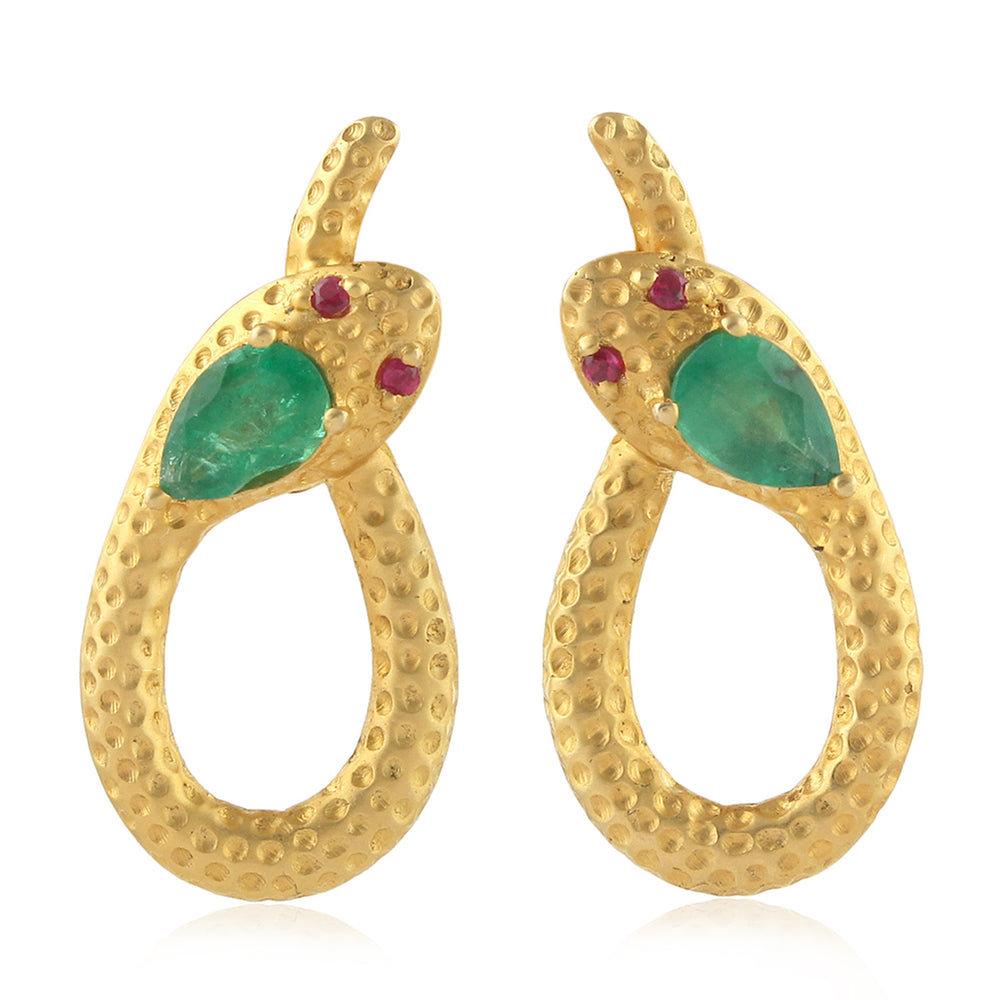 Natural Emerald Ruby Hammered 18k Gold Serpent Stud Earrings