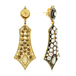 Uncut Rose Cut Diamond & Opal Gemstone Dangle Earrings 18K Gold Silver Jewelry