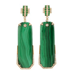 Pave Emerald & Diamond Natural Malachite Gemstone Long Drop Dangle Earrings In 18k Yellow Gold