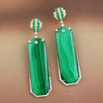 Pave Emerald & Diamond Natural Malachite Gemstone Long Drop Dangle Earrings In 18k Yellow Gold
