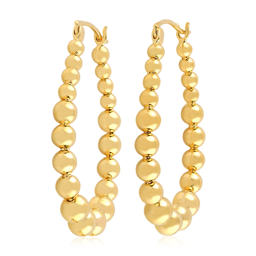 Solid 18k Yellow Gold Beads Hoop Earrings Handmade Beautiful Jewelry