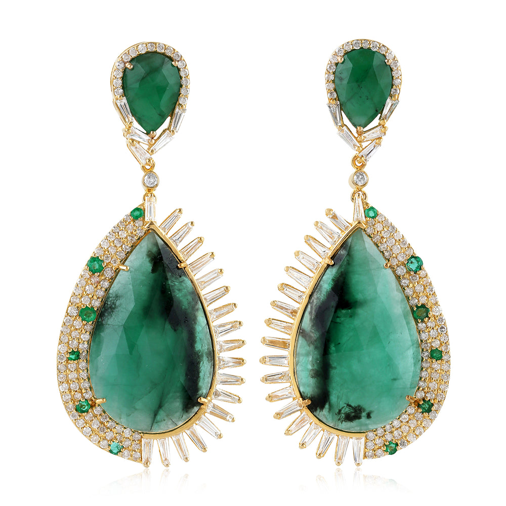 Tapered Baguette Diamond Emerald Unique Design Danglers In 18k Yellow Gold