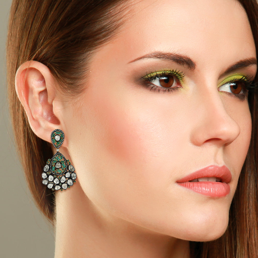 Natural Diamond Emerald Dangle Earrings 18K Yellow Gold 925 Silver Jewelry