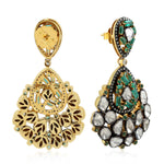 Natural Diamond Emerald Dangle Earrings 18K Yellow Gold 925 Silver Jewelry