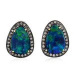 Opal Pave Diamond Stud Earrings Jewelry 18K Gold Silver Handmade Gift