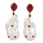 18KT Rose Gold Baroque Pearl Natural Ruby Drop Dangle Earrings Gift