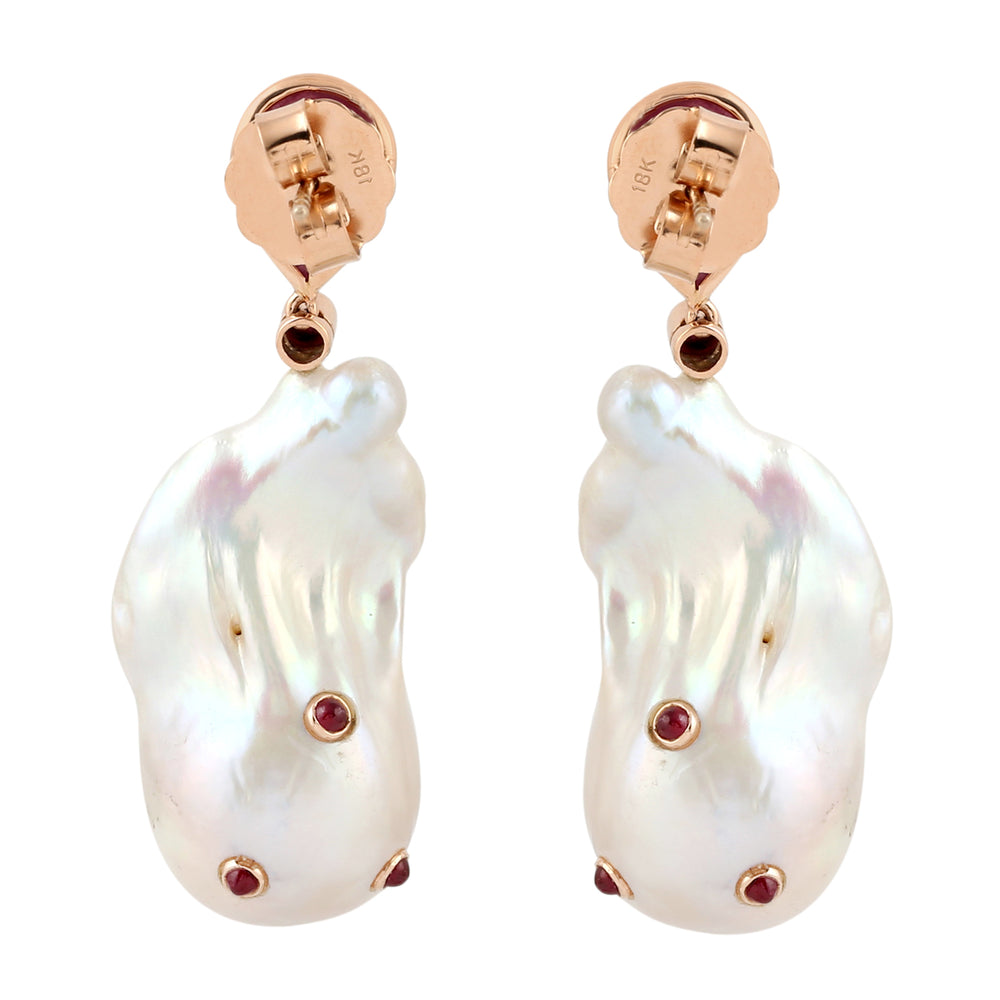 18KT Rose Gold Baroque Pearl Natural Ruby Drop Dangle Earrings Gift