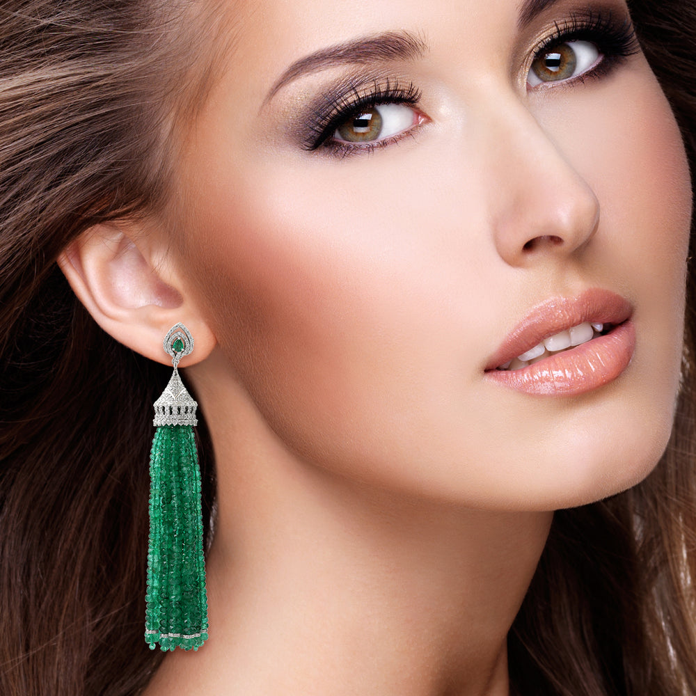 Natural Emerald Beads Tassel Dangle Earrings 18K White Gold Diamond Jewelry