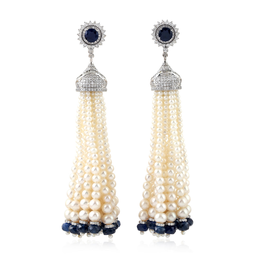 Natural Pearl Dangle Earrings 18K White Gold Diamond Jewelry Gift