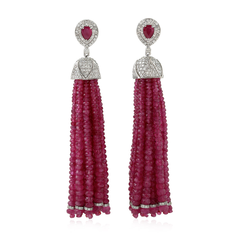 Natural Ruby Beads Tassel Dangle Earrings 18K White Gold Diamond Jewelry