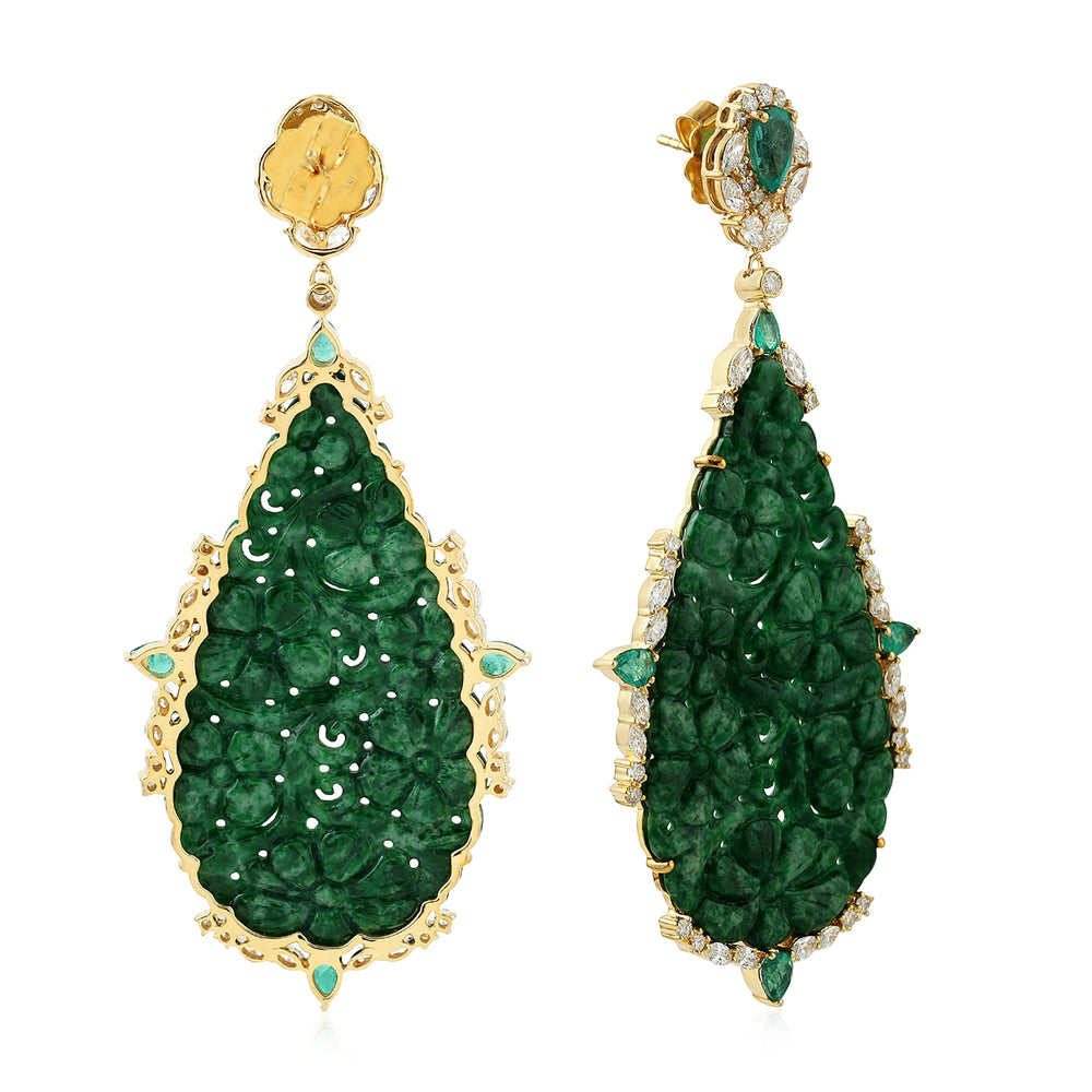 Floral Carved Jade Emerald Diamond Beautiful 18k Yellow Gold Dangler