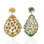 Natural Uncut Rosecut Diamond Emerald Dangle Earrings 18K Yellow Gold 925 Silver Jewelry