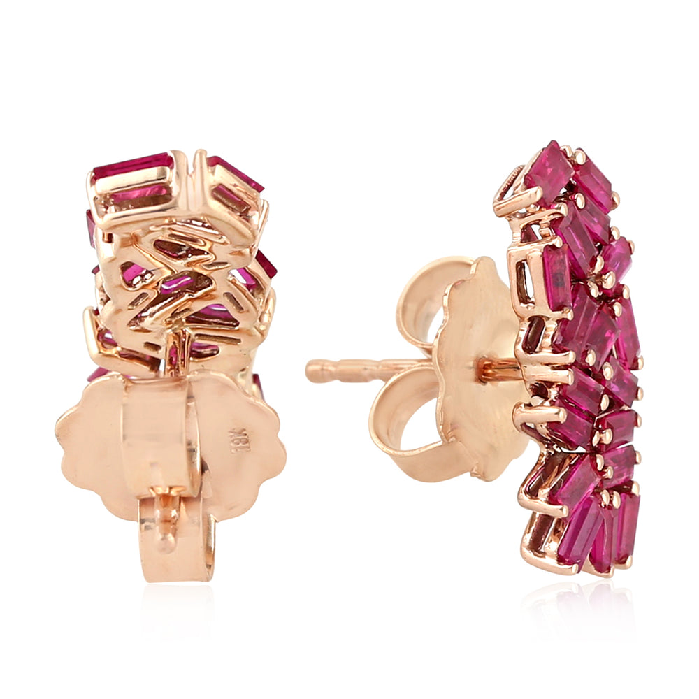Baguette Ruby Cluster Stud Earrings In 18k White Gold