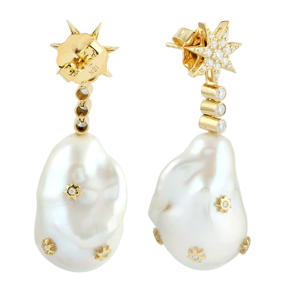 Natural Pearl Dangle Earrings 18K Yellow Gold Diamond Jewelry