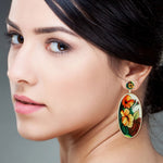 Natural Diamond Handpainted Flower Dangle Earrings 18k Yellow Gold Jewelry