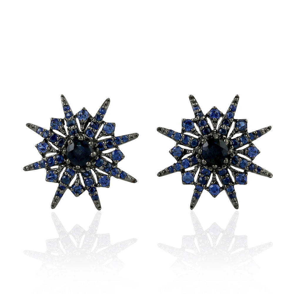 Natural Blue Black Sapphire Star Burst 18k Gold Stud Earrings